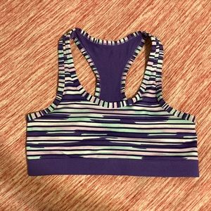 Cute purple w/ pink+blue zebra striped design sports bra, size 32,